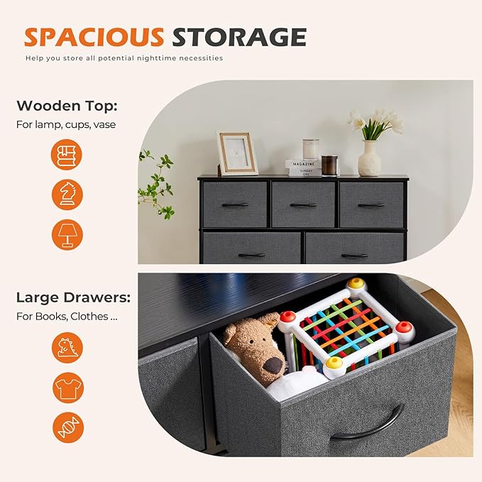 Sweetcrispy Dresser with 9 Drawers for Bedroom, Fabric Dresser Storage Tower, Chest of Drawers Organizer Unit, Storage Cabinet for Hallway, Closets, Steel Frame, Wood Top, Modern Grey