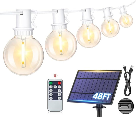 Mlambert 48Ft Solar String Lights, Outdoor Waterproof Patio Lights with 18 Shatterproof G40 Bulbs(1 Spare), Led Light for Backyard-White Wire