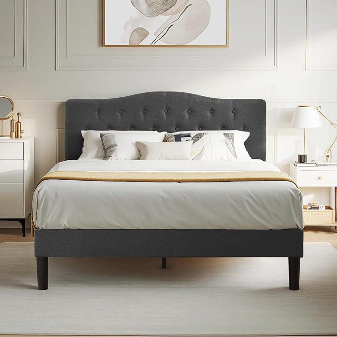 VECELO Queen Size Bed Frame Upholstered Platform with Tufted Adjustable Headboard/Mattress Foundation with Wood Slat Support, Easy Assembly