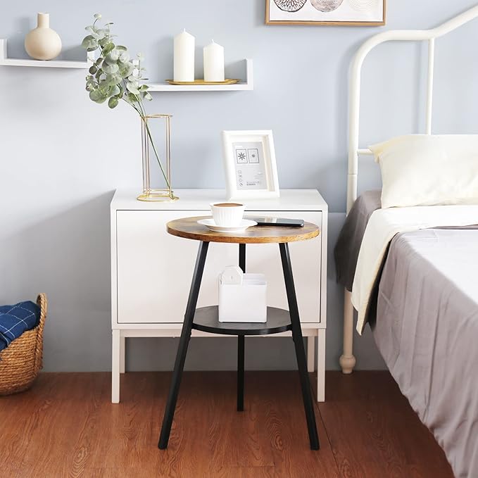 INHABIT UNION Round End Table,Accent Table Small Side Table for Living Room Bedroom, Balcony with Wooden Boards Storage Small Space (Rustic Brown)