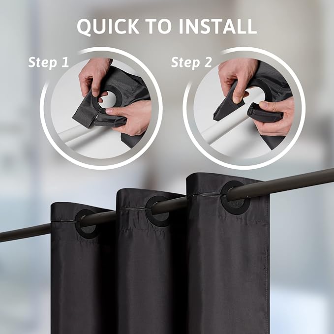 Black No Hook Shower Curtain,Polyester Fabric Shower Curtains for Bathroom with 10 Split Grommets,Waterproof & Machine Washable,Modern Hotel Grade,Standard Size,72x72 Inch