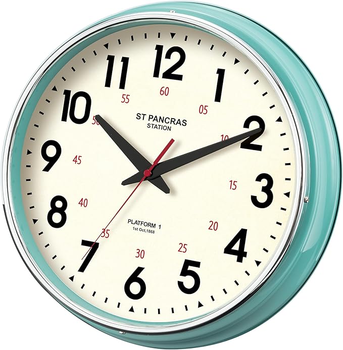 Wall Clock Metal 12.4" Vintage Retro Wall Clocks Countryside Style Silent Non Ticking Easy to Read for Living Room, Kitchen, Bedroom, Office, Bar(12.4" Teal)