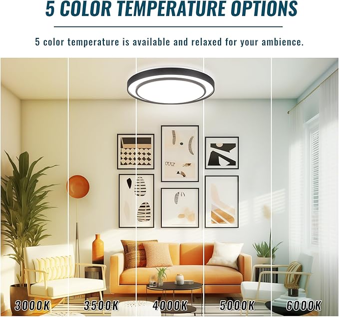 20" LED Flush Mount Ceiling Light Fixture 5CCT, Black Ceiling Light Round, Dimmable Light Fixture Flush Mount 36W, Modern Simple Close to Ceiling Light Fixtures for Kitchen, Bedroom