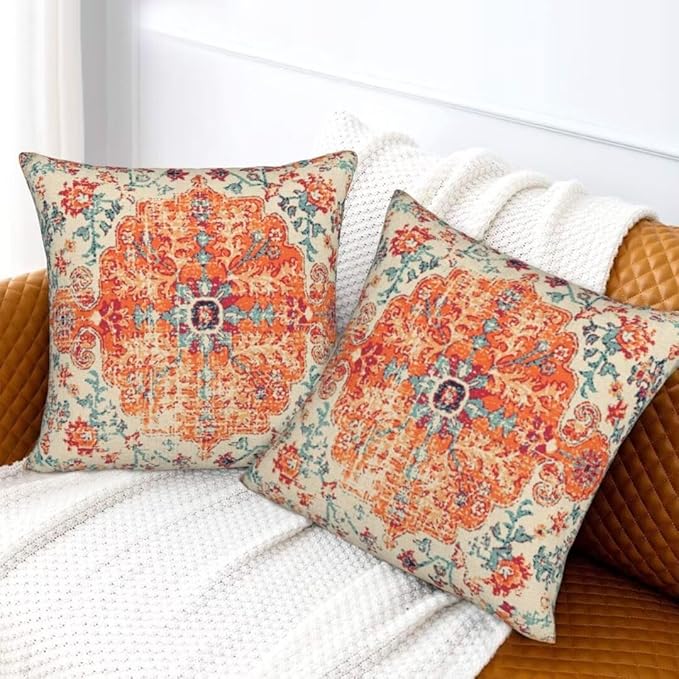 Boho Throw Pillow Covers 18 x 18 Set of 2, Orange Blue Ethnic Design Pillow Covers Farmhouse Carpet Pattern Rustic Cushion Cases Decorative Gifts for Couch Sofa Indoor Outdoor
