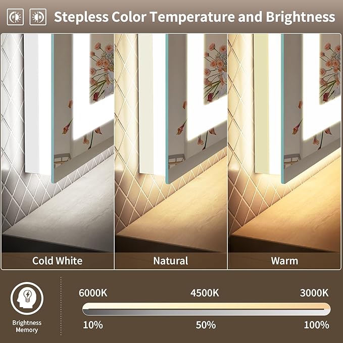 LED Mirror for Bathroom, 60x36 Inch Backlit + Front Lighted Bathroom Vanity Mirror with Lights for Wall, Double Light Strips, 3 Colors, Shatter-Proof, Anti-Fog and Brightness Memory