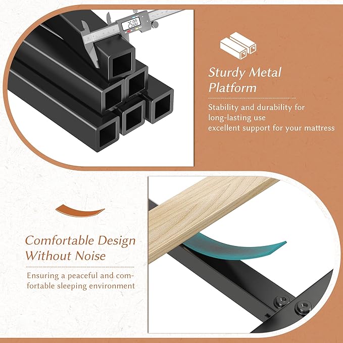 EnHomee Queen Bed Frame with 2 Storage Drawers, Upholstered Platform Bed with LED Lights and Charging Station, Sturdy Wooden Slats Support, No Box Spring Needed, Noise Free, Grey