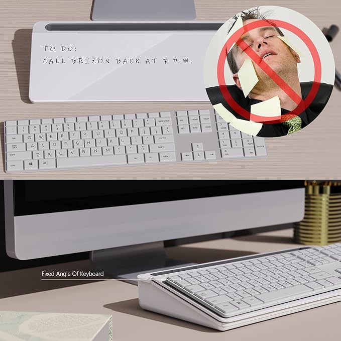 TOWON Small Tilted Desktop Glass Whiteboard, Notepad Computer Keyboard Stand with Dry Erase Board Surface, Desk Organizers with Accessories for Office, Home, School Supplies, White, 17 x 6 Inches