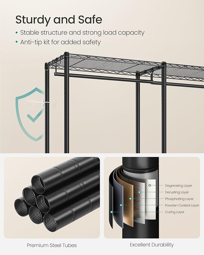 SONGMICS Clothing Rack, Heavy-Duty Garment Rack with Adjustable Storage Shelves and Hanging Rails, Hooks, Freestanding Portable Wardrobe Closet Rack, Ink Black ULGR436B01