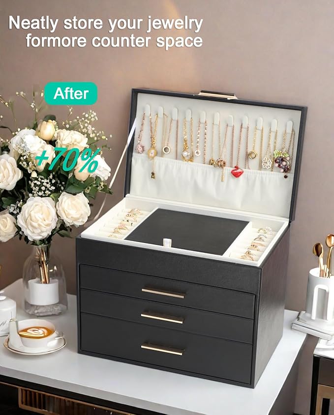 BOOVO Jewelry Boxes for Women, 5 Layer Jewelry Organizer with Necklace Hanger and Drawers, Large Jewelry Box for Earrings, Necklace and Bracelet Storage Gifts for Women and Girls (Black, 5 Layer)