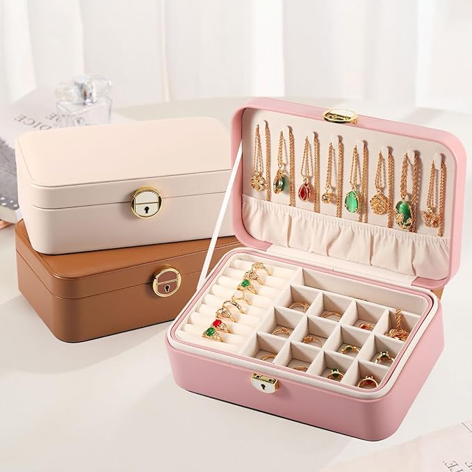 Travel Jewelry Case With Lock, 2-Layer PU Leather Jewelry Box for Women, Ring Box and Jewelry Organizer, Large Jewelry Travel Case,Best Gifts for Women for the Holidays(Pink)