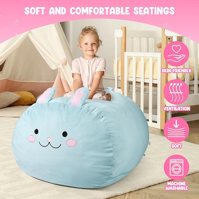 GAGAKU Stuffed Animal Bean Bag Cover Toy Storage, 24 Inches Kids BeanBag Crystal Blue Rabbit Large Zipper Bean Bag for Organizing Kids Plush Toys Home Supplies