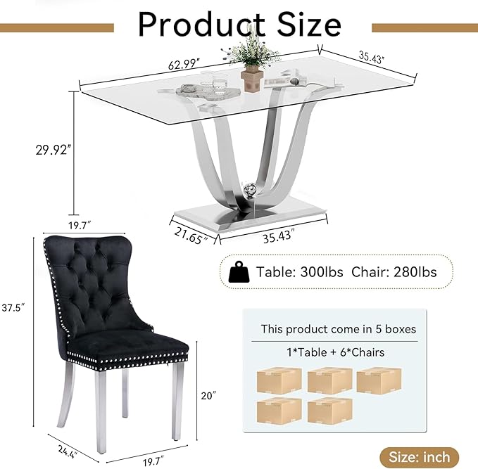 70" Modern Silver Glass Dining Table Set for 6, 7-Piece Rectangle Kitchen Dining Room Table Set with Steel Base & 6 Black Velvet Upholstered Chairs, Modern Glass Kitchen Table and Chairs Set of 6