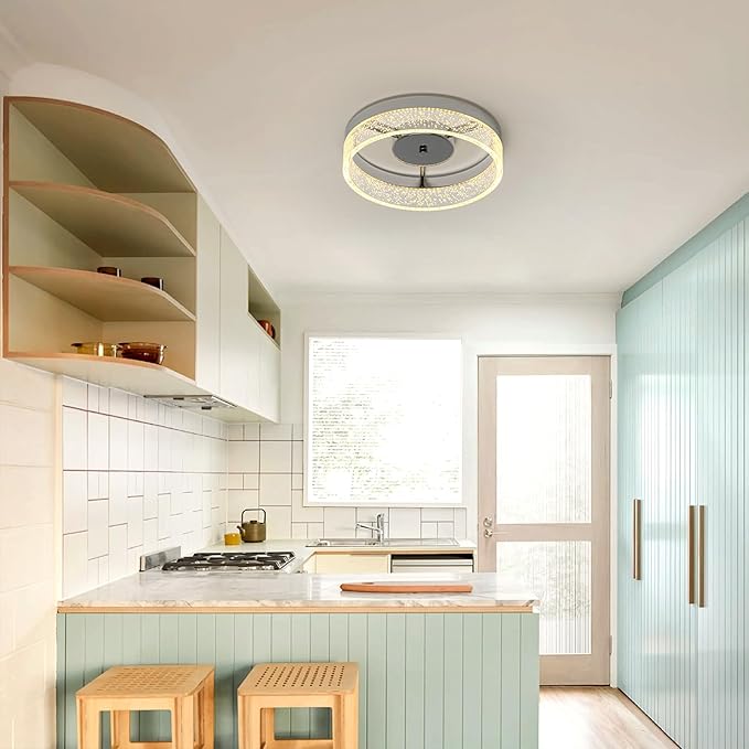 Jaycomey LED Flush Mount Ceiling Light Fixture, 11.6'' Round Modern Brushed Nickel Ceiling Lamp with Bubble Lampshade, 20W Dimmable Low Profile Kitchen Lighting Lamp for Bedroom Hallway Dining Room