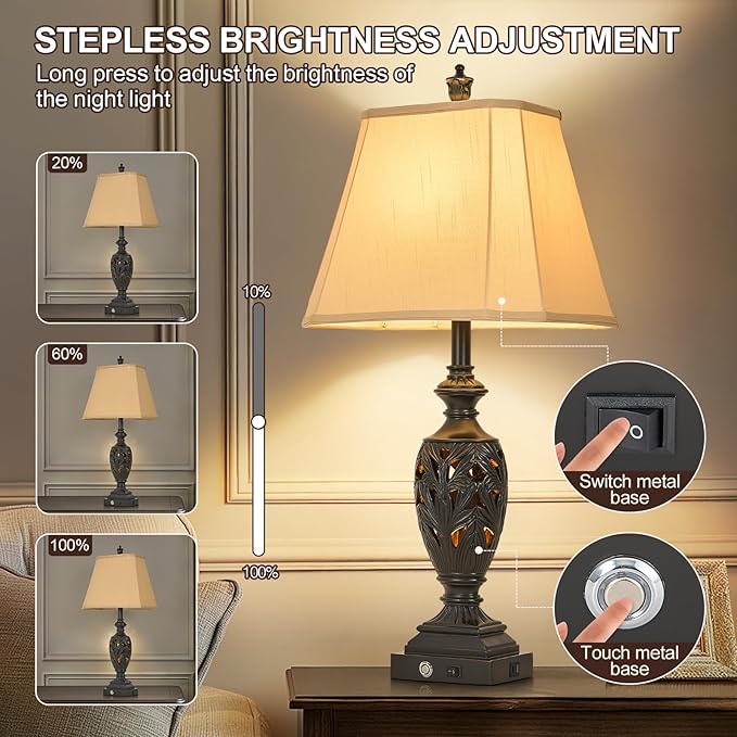 AIDENOEY 29.5" H Touch Traditional Table Lamp Set of 2,Vintage Bedside Nightstand Lamps with Dual USB and Night Light, 3-Color Hollow Out Leafwork Black Gold Finish Desk Lamps for Living Room,Bedroom