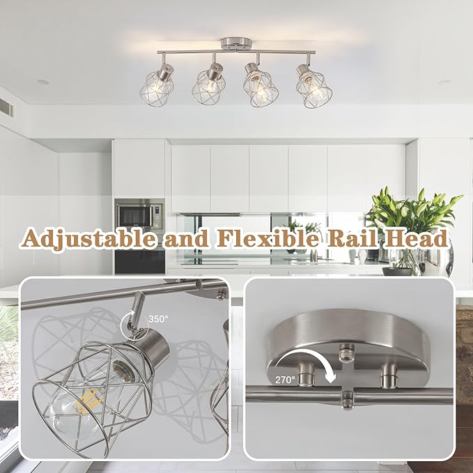 BUXVRCS Adjustable Multi-Directional Brushed Nickel Light Fixtures, Semi Flush Mount Ceiling Light, Kitchen Light Fixtures Ceiling Mount, Geometric Metal Cage Industrial Spotlight Fixtures