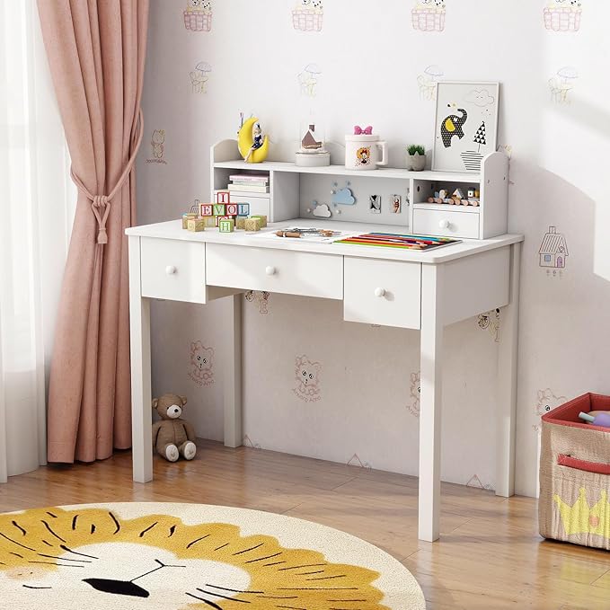 White Wrting Desk with Hutch and Drawers - 40 Inch Small Student Desk for Home Office, Study Desk for Teen