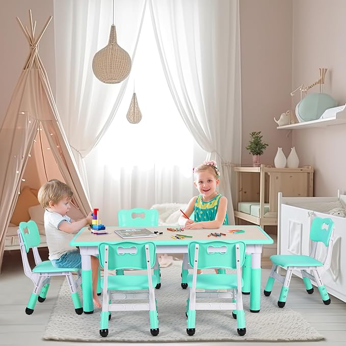 Arlopu Kids Table and 6 Chairs Set, Height Adjustable Graffiti Desk, Preschool Activity Art Craft Table, for Daycare Classroom Home Boys and Girls Age 3-12 (Light Green)