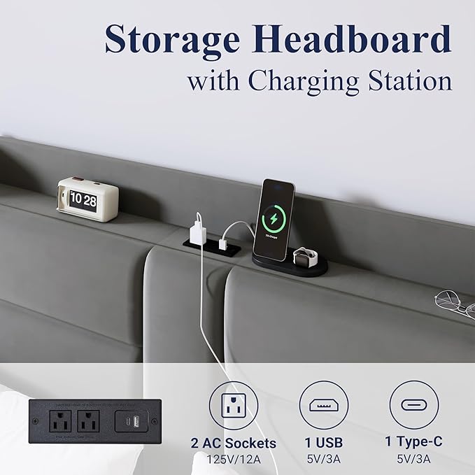 Allewie King Size Platform Bed Frame with Charging Station & Storage Headboard, Upholstered Velvet Wingback Design & USB Port, Strong Wooden Slats Support, No Box Spring Needed, Easy Assembly, Grey