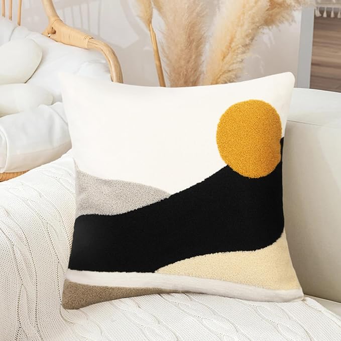 Merrycolor Tufted Boho Decorative Throw Pillow Covers Mid Century Modern Pillows Sun Pillowcases Couch Pillow Covers for Bed Sofa Living Room 18 X 18 Inch Mustard Yellow and Black