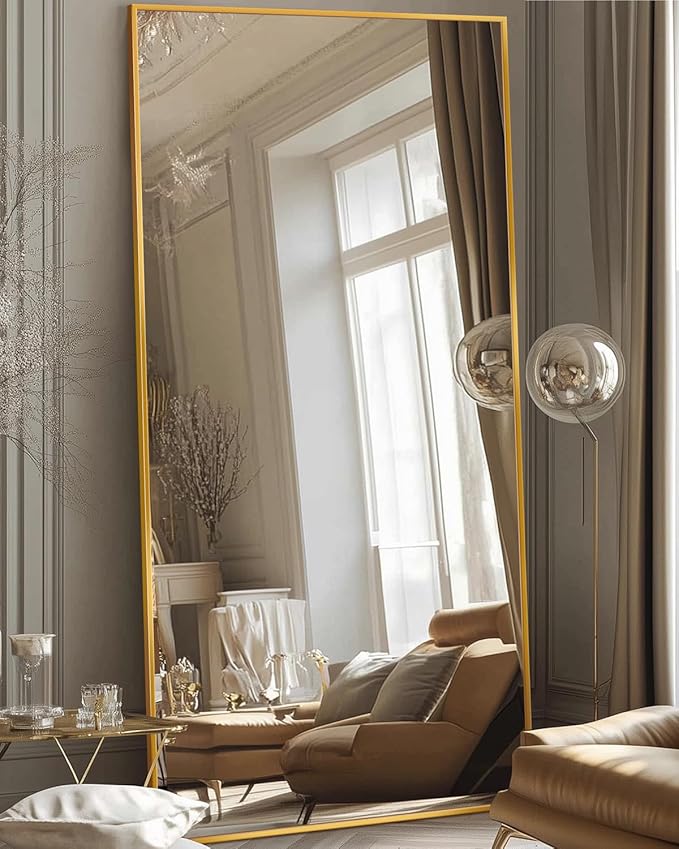 Antok Full Length Mirror, 78"x38" Floor Mirror with Stand, Hanging Mounted Mirrors for Bedroom, Living Room, Cloakroom, Dining Room, Gold, Rect