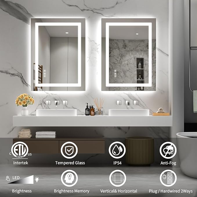 LED Mirror for Bathroom, 24x32 Inch Backlit + Front Lighted Bathroom Vanity Mirror with Lights for Wall, Double Light Strips, 3 Colors, Shatter-Proof, Anti-Fog and Brightness Memory