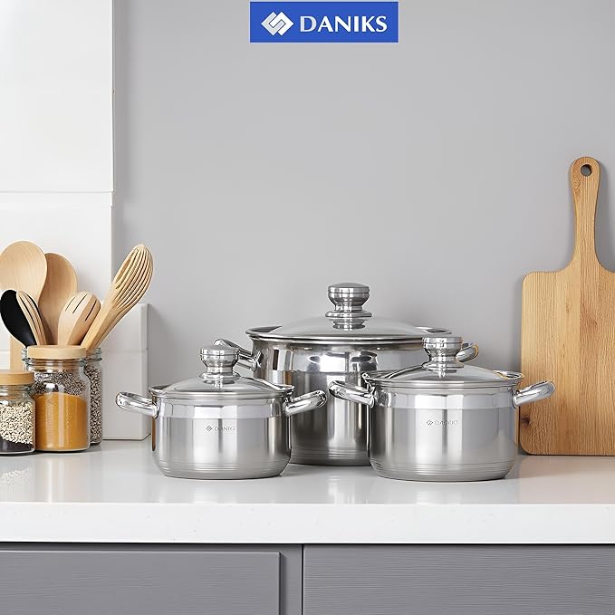 Daniks Standard Stainless Steel Stock Pot with Glass Lid – Induction 10 Quart, Dishwasher Safe, Measuring Scale, For Soup, Pasta, Stew, Silver