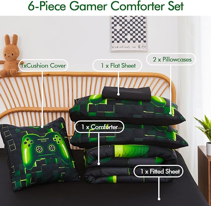 PERFEMET 6 Pieces Twin Gaming Bedding Set Green Game Console Kids Bed in A Bag 3D Black Gamer Comforter Set with Sheets for Boys Teen Lightweight Gamepad Bedroom Set(Green, Twin)