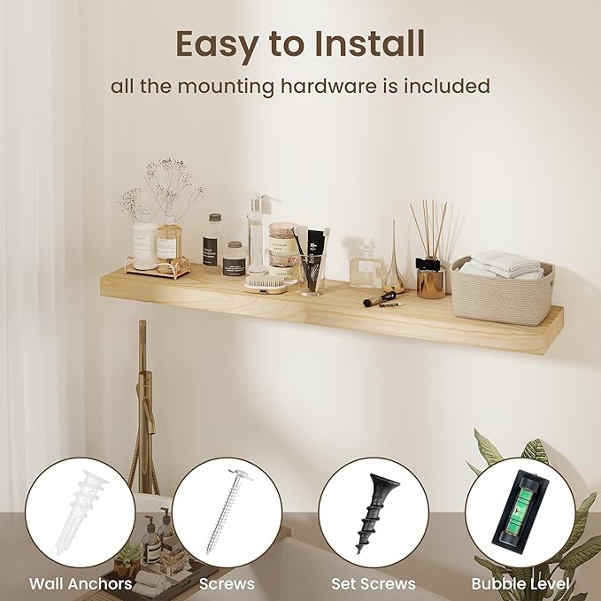 fuqing Floating Shelves for Wall - 48 Inch Natural Wood Shelves Set of 1-48W x 9.3D x 1.6H Wall Mounted Shelves with Upgraded Metal Brackets for Room Wall