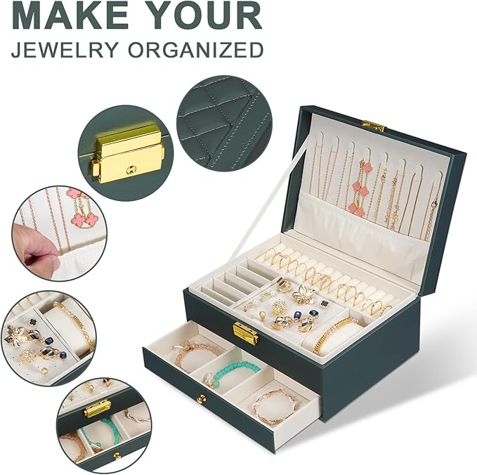 Jewelry Box for Women Girl Wife - Large PU Leather Jewelry Organizer Storage Case with Two Layers Display for Earrings Bracelets Rings Watches (Hunter Green)