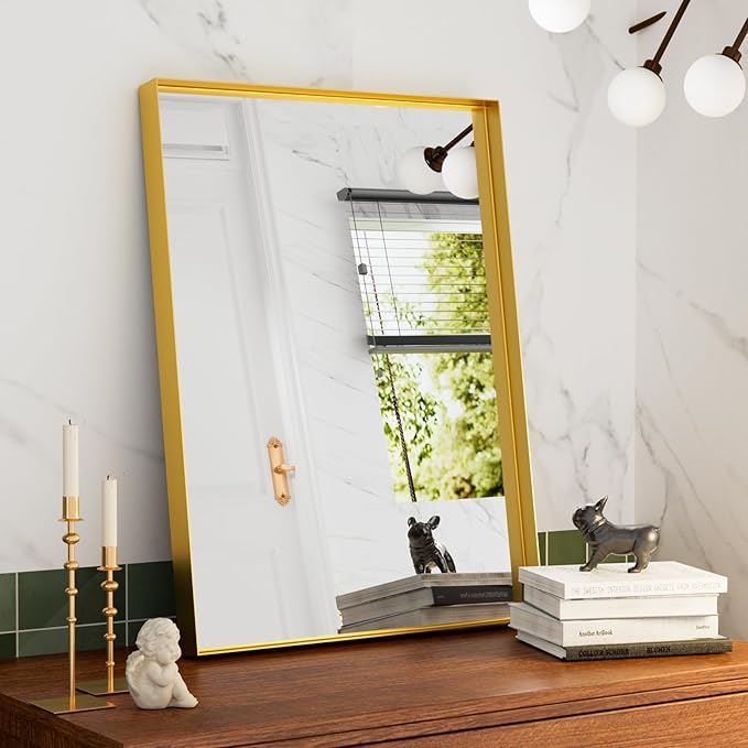 16x24 inch Gold Bathroom Mirrors for Over Sink, Metal Framed Wall Rectangle Mirror, Small Modern Bathroom Vanity Mirror, HD Tempered Glass Wall Mirror(Horizontal/Vertical)