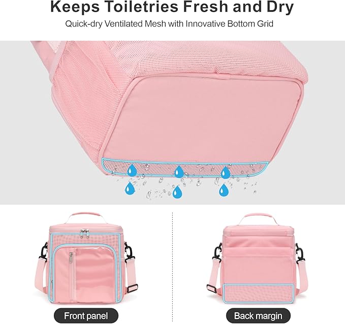 F-color Hanging Shower Caddy Portable - College Dorm Essentials for Girls with Hooks, Soft Crossbody Shoulder Strap, Multiple Pockets, Quick-Dry Shower Bag for Dorm Travel Essentials, Pink