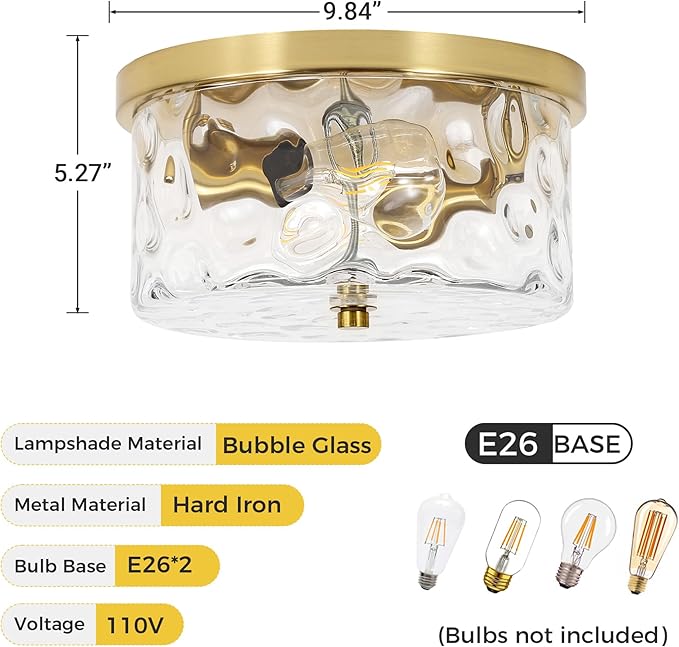 LamQee 9.8" Small Flush Mount Ceiling Light with Clear Hammered Glass, Brushed Gold Hallway Light Fixtures Ceiling Mount for Bathroom, 2-Lights Farmhouse Close to Ceiling Light Kitchen Foyer Bedroom