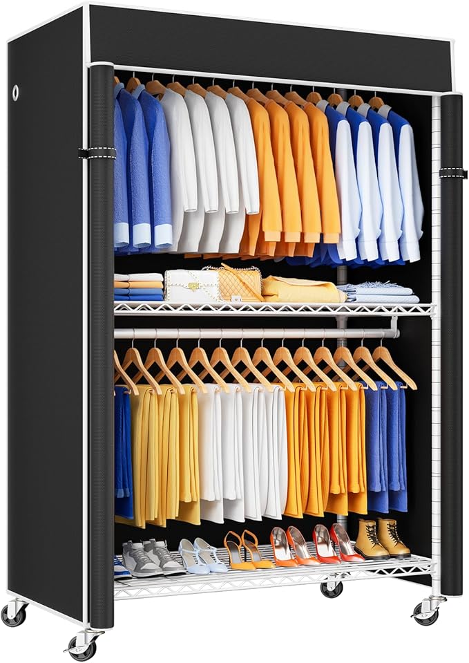 P8C Heavy Duty Clothes Rack（With Extended Width Design） Rolling Clothing Racks for Hanging Clothes with Lockable Wheels，51.2"W x 15.8"D x 80.5"H，Max Load 700LBS，White Rack with Black Cover