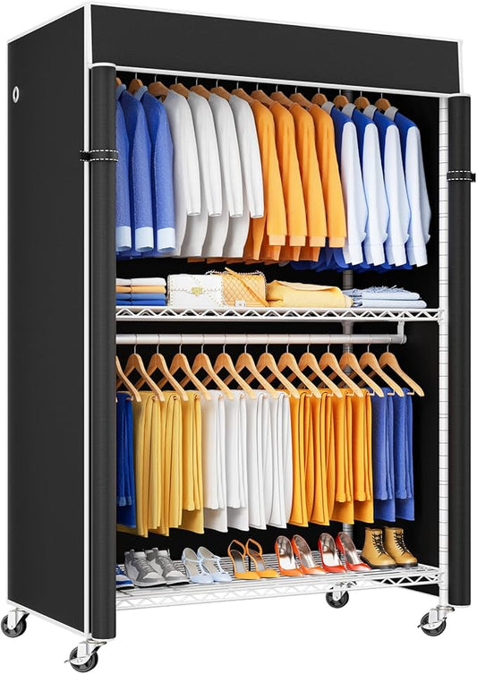 P8C Heavy Duty Clothes Rack（With Extended Width Design） Rolling Clothing Racks for Hanging Clothes with Lockable Wheels，51.2"W x 15.8"D x 80.5"H，Max Load 700LBS，White Rack with Black Cover