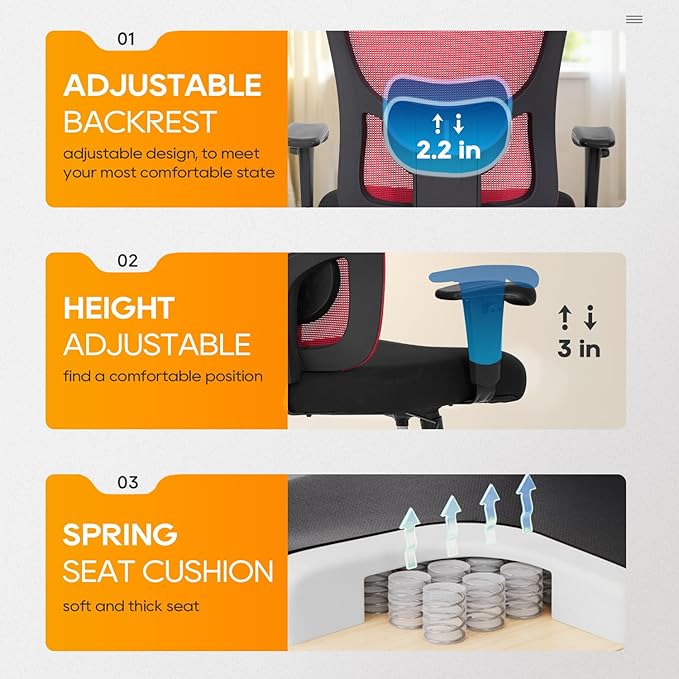 Big and Tall Office Chair 400lbs Desk Chair Mesh Computer Chair with Lumbar Support Wide Seat Adjust Arms Rolling Swivel High Back Task Executive Ergonomic Chair,Red