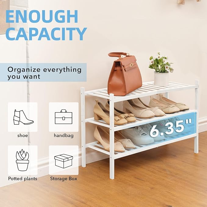 3 Tier Bamboo Shoe Rack Storage Organizer for Closet, Multifunctional Stackable Free Standing Shoe Shelf Organizer for Small Space,Entryway, Hallway, Bathroom27 x11 x20 (White, 3 Tier)