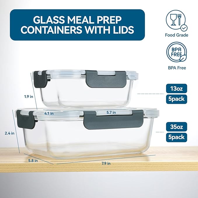 BAYZZ 10 Pack Glass Meal Prep Containers, Glass Food Storage Containers with Lids, Airtight Lunch Box, Freezer,Oven,Microwave and Dishwasher Safe