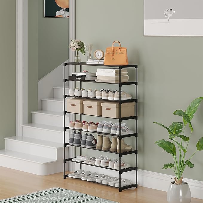 Calmootey 8-Tier Shoe Rack, Tall Large Capacity 40 Pairs Shoes Storage Organizer, Stackable Wide Shoe Shelf for Entryway, Hallway, Black