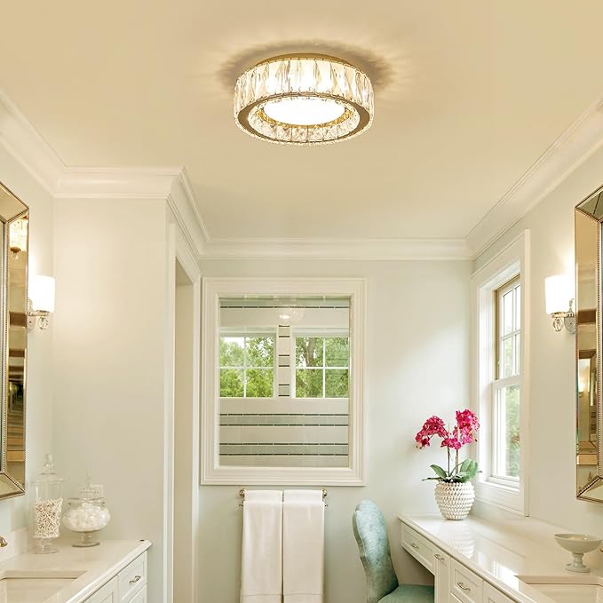 Dimmable Modern Luxury Crystal LED Flush Mount Ceiling Light,11 Inch 24W/5CCT 3000K-6000K Gold Small Close to Ceiling Lighting Fixtures for Kitchen,Entryway,Laundry Room,Porch