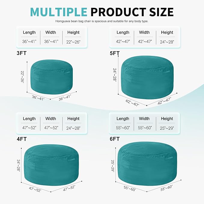 Homguava 6 FT Bean Bag Chair: 6' Bean Bags with Memory Foam Filled, Large Beanbag Chairs Soft Sofa with Dutch Velvet Cover-Sea Blue