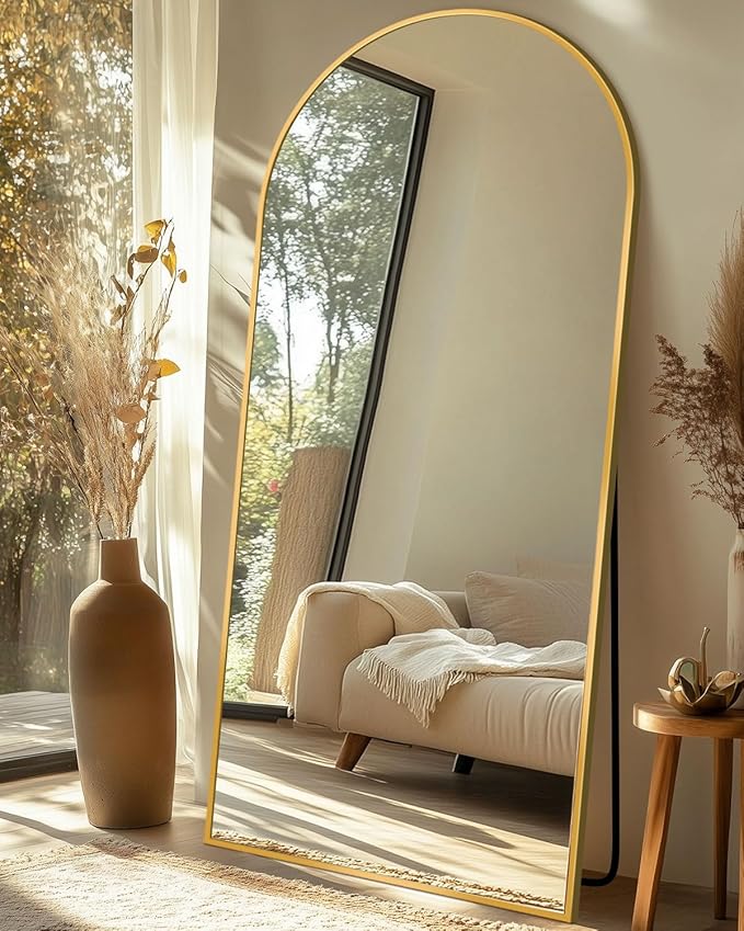 Full Length Mirror with Stand, 71"x28" Arched Full Body Large Stand Up Aluminum Frame Floor Standing Mirror, Freestanding Hanging Leaning Mounted for Bedroom Living Room Entryway Gold