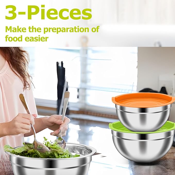 TeamFar Mixing Bowls, Stainless Steel Nesting Salad Bowls with Airtight Lids Set, For Serving/Mixing/Storing, Healthy & Long-lasting, Dishwasher Safe & Easy Clean, 4.6/3 / 1.5 QT, Colorful