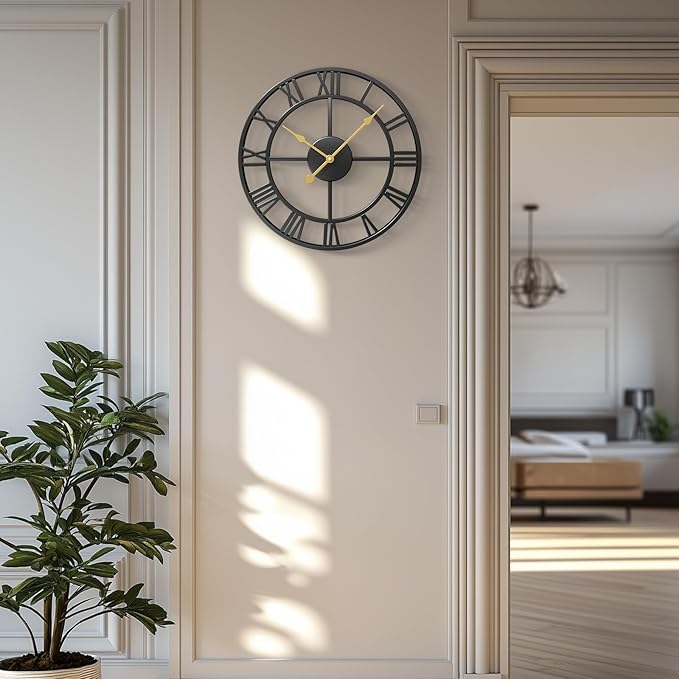 16 Inch Wall Clock for Living Room, Black Metal Wall Clock Battery Operated, Round Roman Numeral Decorative Clocks for Bedroom, Home, Kitchen, Office, Wall Decor