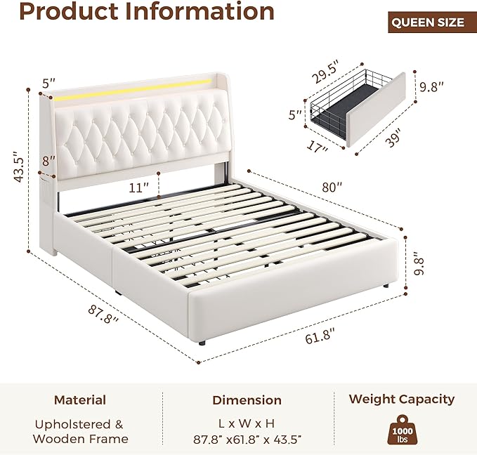Queen LED Velvet Bed Frame with 2 Storage Drawers&Hidden Headboard, Upholstered Platform Bed with Charging Station&Button Tufted Design, Wooden Slats Support, Box Spring Optional, Easy Assembly, Beige