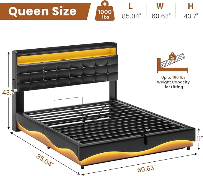 ADORNEVE Lift Up Storage Queen Bed Frame with Type-C Charging Station& Hidden Storage Headboard, LED Lights Upholstered Platform Bed,Queen Bed with Hydraulic, No Box Spring Needed,Black