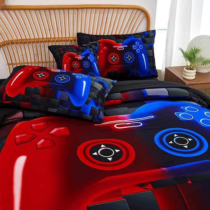 PERFEMET 6 Pieces Gaming Bedding Sets Full Size Red and Blue Gamer Comforter Set for Boys Girls Soft Fluffy 3D Cool Video Game Kids Bed in A Bag for All Seasons(Red Blue, Full)
