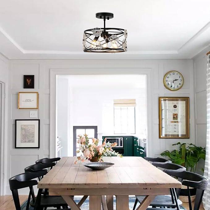 12.6" Semi Flush Mount Ceiling Light 3-Lights Drum Black Ceiling Lighting Vintage Industrial Modern Crystal Flower Light Fixture for Bedroom, Entryway, Kitchen, Dining Room, E12
