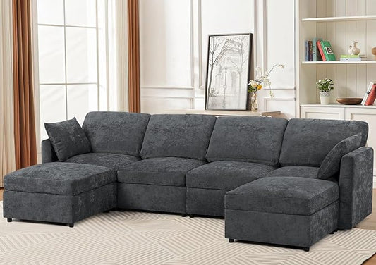 110” Chenille 4 Seats Sofa W/2 Movable Ottoman, Modern Fabric U-Shaped Couch with Soft Backrest, Upholstered Sectional Sofa with Armrest Pillows for Living Room, Office, Gray