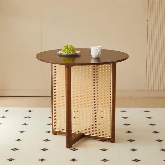 Small Round Coffee Table – 31.5" Solid Wood & Rattan Coffee Table, Modern Rustic Low Accent Table for Living Room, Boho Style, Walnut Height 29"