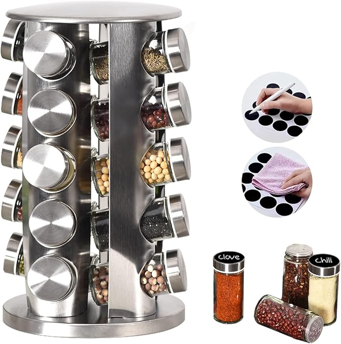 EBIZ&TECH 20-Jar Stainless Steel Rotating Spice Rack with Non-Slip Base - Kitchen Countertop Organizer for Easy Access and Storage of Spice (Sliver)